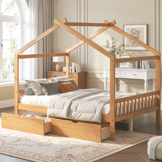 Sunvega Natural Wood Full Size House Platform Bed with Two Storage Drawers