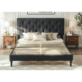 Sunvega Queen Upholstered Pleated Bed in a Box with Sturdy Dark Brown Frame