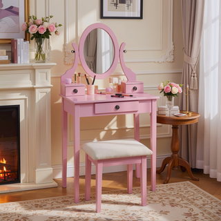 Sunvega Pink Wood Makeup Vanity Table and Stool Set with Mirror and Storage Drawers