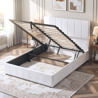 Sunvega Upholstered Platform Bed with Hydraulic Storage System in White Linen