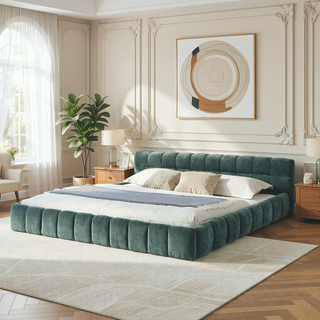 Sunvega Grounded California King Upholstered Bed Frame with Soft Chenille Fabric Headboard