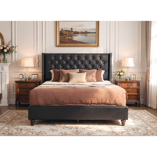 Sunvega Elegant Black Upholstered Queen Bed Frame with Durable Construction