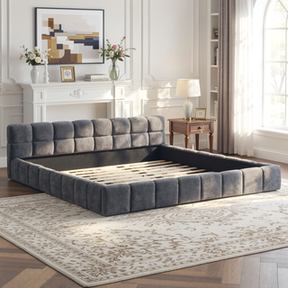 Sunvega Elegant Soft Chenille Upholstered Bed with Checkerboard Headboard in Grey