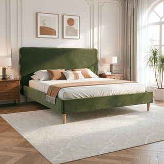 Sunvega Retro Modern Wavy Headboard Platform Bed with Upholstered Frame in Antique White