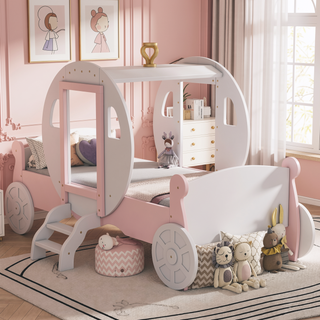 Sunvega Twin Size Princess Carriage Bed with Crown Wood Platform and Stair
