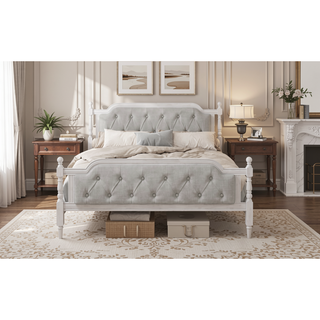 Sunvega French Provincial Style Solid Wood Bed Frame with Tufted Headboard