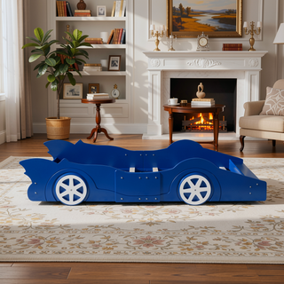 Sunvega Blue Twin Size Race Car-Shaped Platform Bed with Wheels for Kids