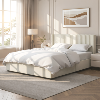Sunvega Ivory Velvet Upholstered Wingback Queen Platform Bed with 2 Storage Drawers