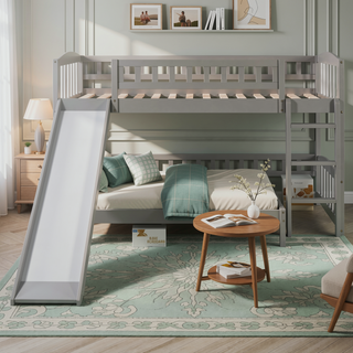 Sunvega Twin Size Loft Bed with Slide and Ladder for Kids Bedroom in Gray