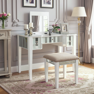 Sunvega Transitional White Solid Wood Vanity Set with Storage Drawers and Padded Stool