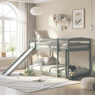 Sunvega Twin over Twin Floor Low Bunk Bed with Ladder for Kids Bedroom