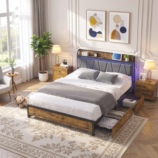 Sunvega Queen Size Storage Bed Frame with Charging Station and RGB LED Lights