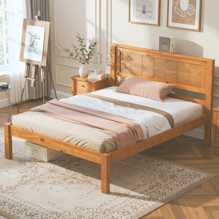 Sunvega Sturdy Wood Platform Bed Frame with Headboard for Queen Size Oak Finish
