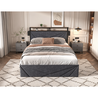 Sunvega Queen Upholstered Bed Frame with Headboard LED Lights Charging Station and 4 Storage Drawers