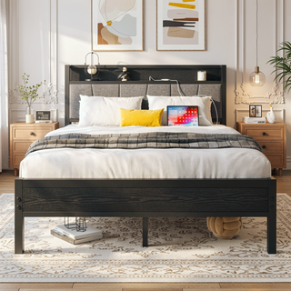 Sunvega Full Size Bed Frame with Storage Headboard and Charging Station Outlets