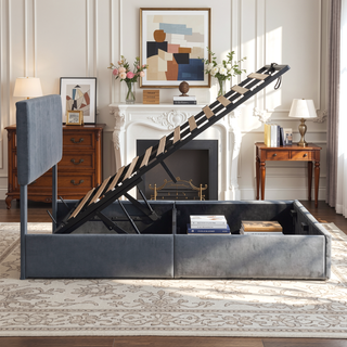 Sunvega Upholstered Platform Bed with Hydraulic Storage System in White Linen