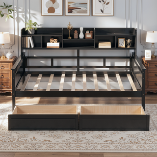 Sunvega Twin Size Daybed with Wood Slat Support, Bedside Shelf, and Two Drawers