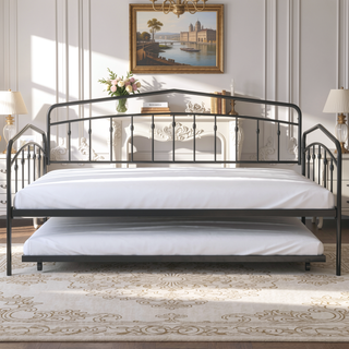 Sunvega Elegant Black Iron Twin Daybed with Trundle and Metal Slats