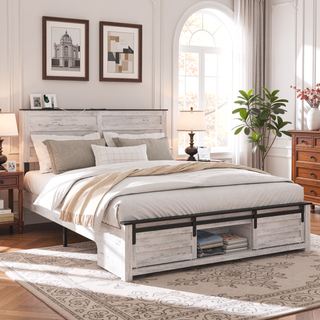 Sunvega Queen Bed Frame with Upholstered Headboard and LED Lighting Charging Station