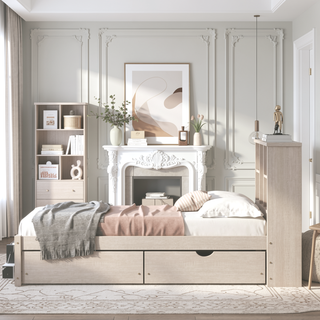 Sunvega Modern Twin Size Bed Frame With USB Port Bookcase Headboard and 2 Drawers