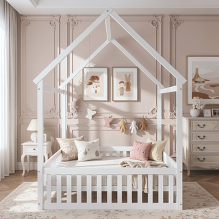 Sunvega Twin Size Wood House Bed with Fence Door and Distressed Washed Design