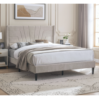 Sunvega Light Brown Queen Size Upholstered Burlap Fabric Headboard Platform Bed