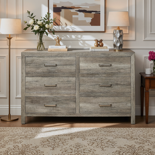 Sunvega Weathered Gray Finish 6 Drawer Dresser Faux Wood Veneer Bedroom Furniture