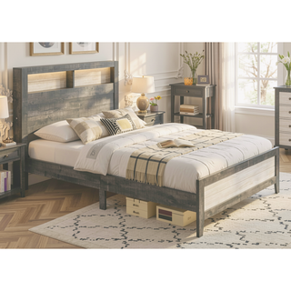 Sunvega King Size Platform Storage Bed with Plank-style Headboard and Built-in Lighting