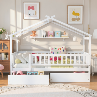 Sunvega Twin Size Wooden House Bed with Two Drawers and Headboard in White