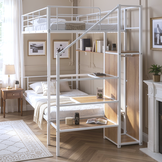 Sunvega Twin Over Twin Metal Bunk Bed with Lateral Ladder and Wardrobe in White
