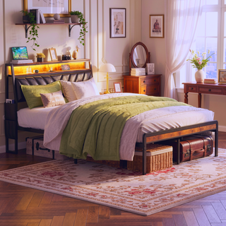 Sunvega Queen Bed Frame with Tilted RGB LED Headboard and Charging Station
