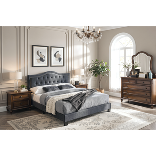 Sunvega European Queen Size Bed with Button Tufted Headboard and Charcoal Finish