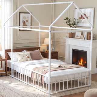 Sunvega Full Size Playhouse Metal Bed Frame with Fence for Kids and Teens