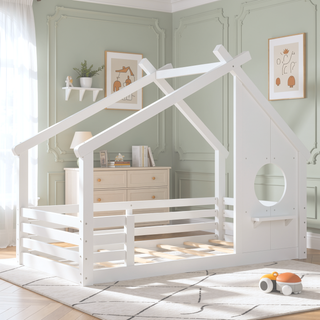 Sunvega White Twin House Floor Bed with Window and Shelf for Kids Room
