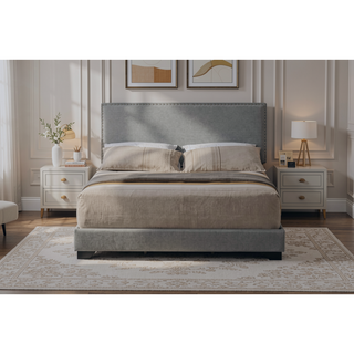 Sunvega Fully Upholstered Fabric Queen Bed with Nailhead Trim Accent and Wood Leg