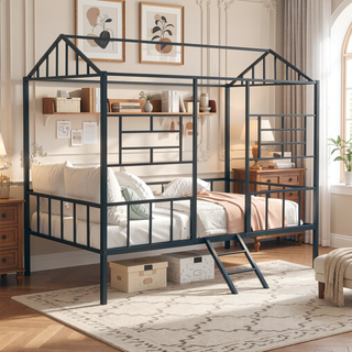 Sunvega Contemporary House Design Black Twin Bunk Bed With Full Metal Construction And Angled Ladder