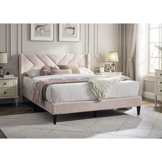 Sunvega Modern Light Pink Velvet Upholstered Queen Size Bed with Clean Lines Headboard
