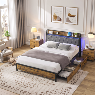 Sunvega Queen Bed Frame with Storage Headboard USB Outlets LED Lights and 4 Drawers