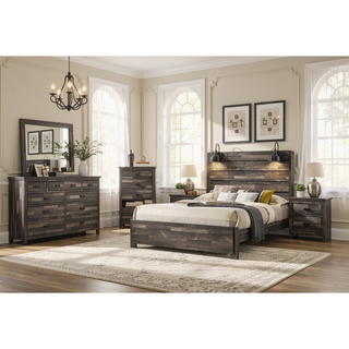 Sunvega Rustic Weathered Brown King Size Platform Bed with Decking Headboard and Lamps