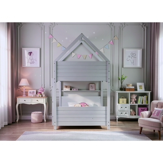 Sunvega Twin Over Twin House Floor Bunk Bed with Headboards Footboards Guardrails and Ladder