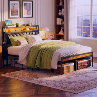 Sunvega Queen Bed Frame with Tilted RGB LED Headboard and Charging Station