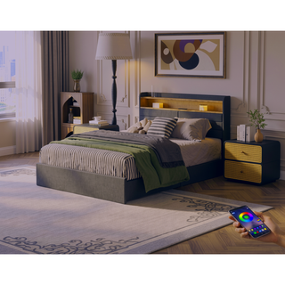 Sunvega Queen Upholstered Bed Frame with Headboard LED Lights Charging Station and 4 Storage Drawers