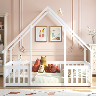 Sunvega Twin Wood House Floor Bed with Guardrail Fence in Grey