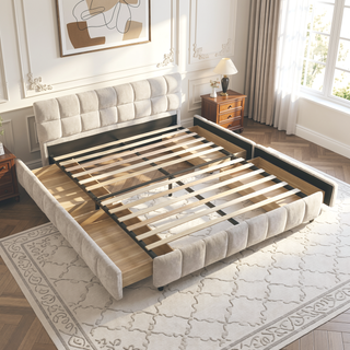 Sunvega Queen Size Upholstered Bed with Storage Drawers and Soft Chenille Headboard