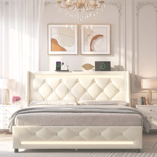 Sunvega Queen Size Bed Frame with Headboard LED Lights Charging Station Storage