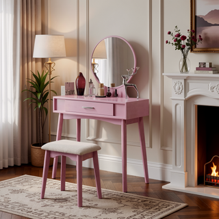 Sunvega Gold Modern Wood Vanity Set with Round Mirror and Matching Stool