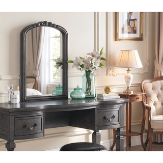 Sunvega Black Wooden Carved Vanity Set with Mirror Stool and Drawers