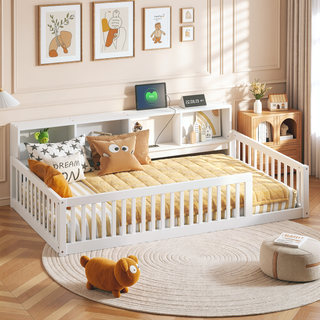 Sunvega White Wood Twin XL Floor Bed with Storage Cabinets and USB Charging Ports