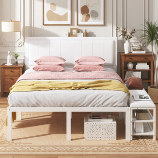 Sunvega Full Size Metal Platform Bed with Two Tier Storage Shelves and Wooden Cabinet