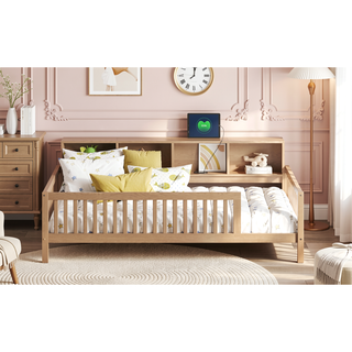 Sunvega White Wood Twin XL Floor Bed with Storage Cabinets and USB Charging Ports